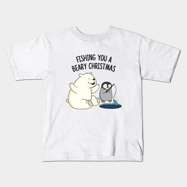 Fishing You A Beary Christmas Cute Polar Bear Pun Kids T-Shirt by punnybone